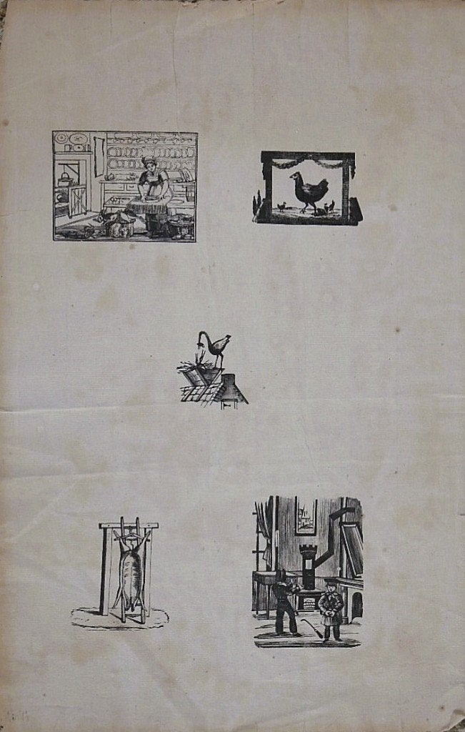 proefdruk "boekillustraties Slagerij / Poelier", 5 op 1 vel, Ophalen, Dagelijks leven, 1800 - 1899, Houtsnede
