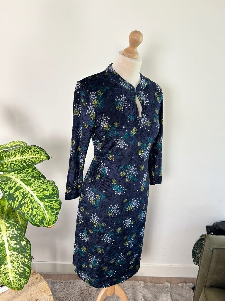 King Louie maat L blauwe velvet kimono jurk 3614, Blauw, Maat 42/44 (L), Ophalen of Verzenden, Zo goed als nieuw