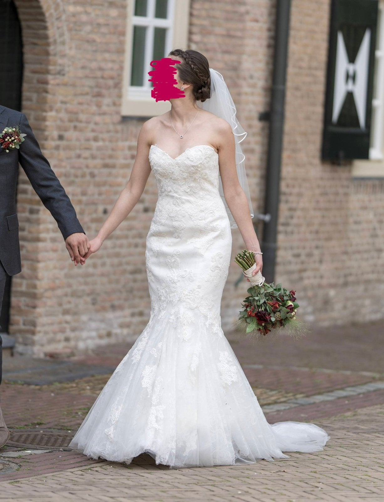 Bruidsjurk 36/S. Zeemeermin, kant, tule, hoepel, kraaltjes, Kleding | Dames, Ophalen of Verzenden, Zo goed als nieuw, Wit, Trouwjurk