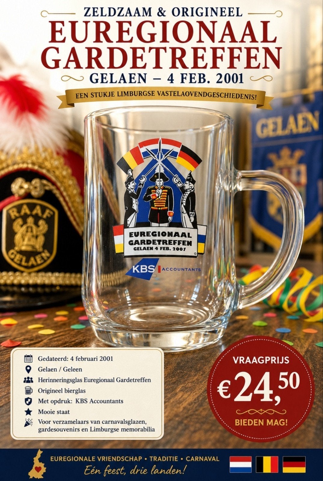 Zeldzaam Euregionaal Gardetreffen Bierglas Gelaen 2001, Ophalen of Verzenden, Zo goed als nieuw, Bierglas