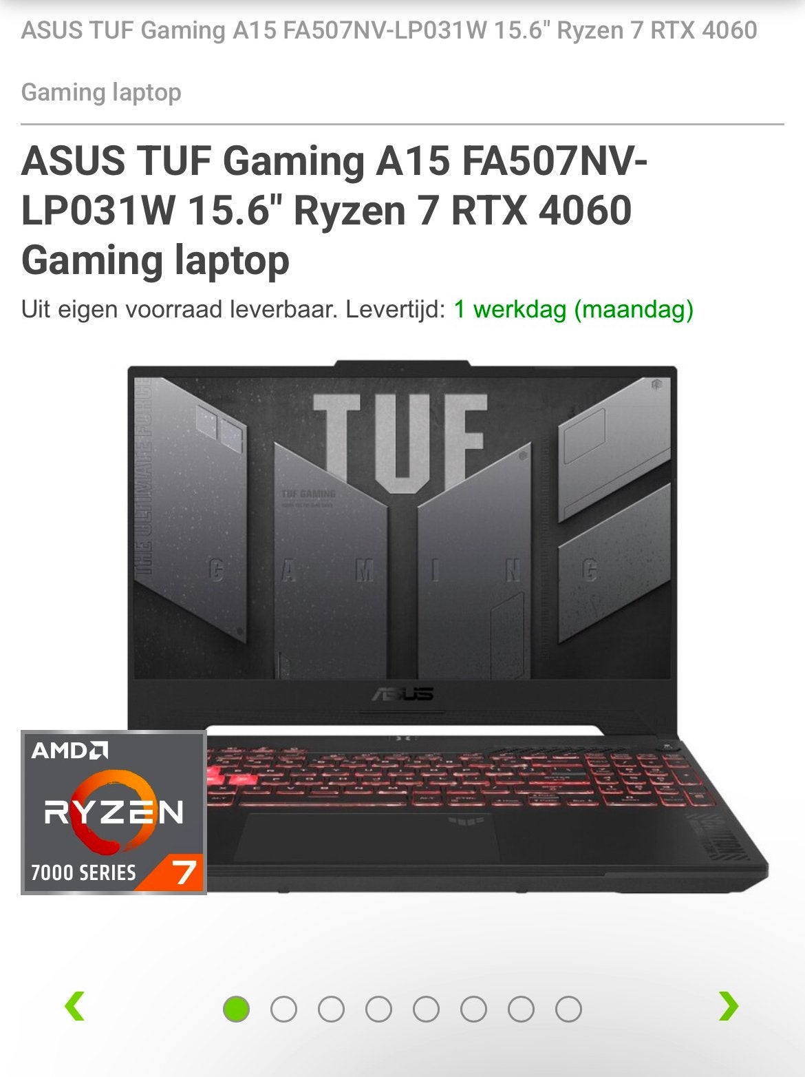 ASUS TUF Gaming A15 FA507NV-LP031W 15.6" Ryzen 7 RTX 4060, Computers en Software, Met videokaart, Nieuw, Ophalen of Verzenden