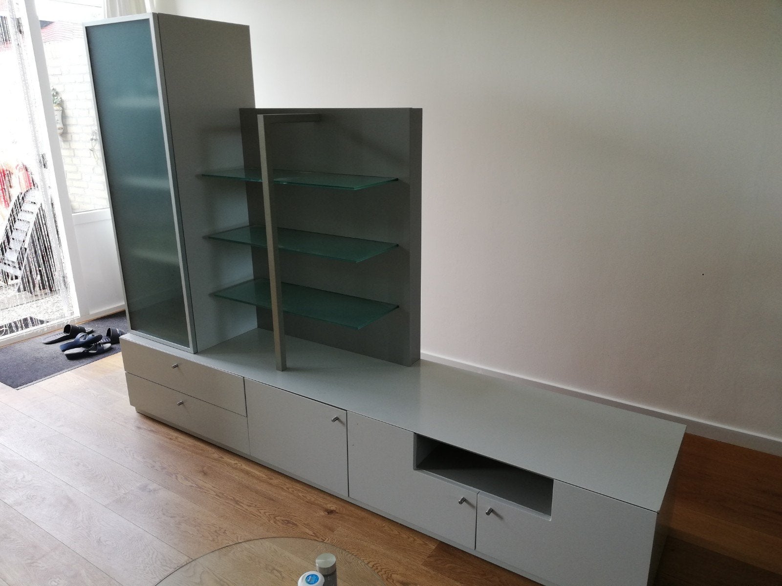 Moderne TV-meubel/wandkast met verlichting, Ophalen, Gebruikt, Glas, 200 cm of meer