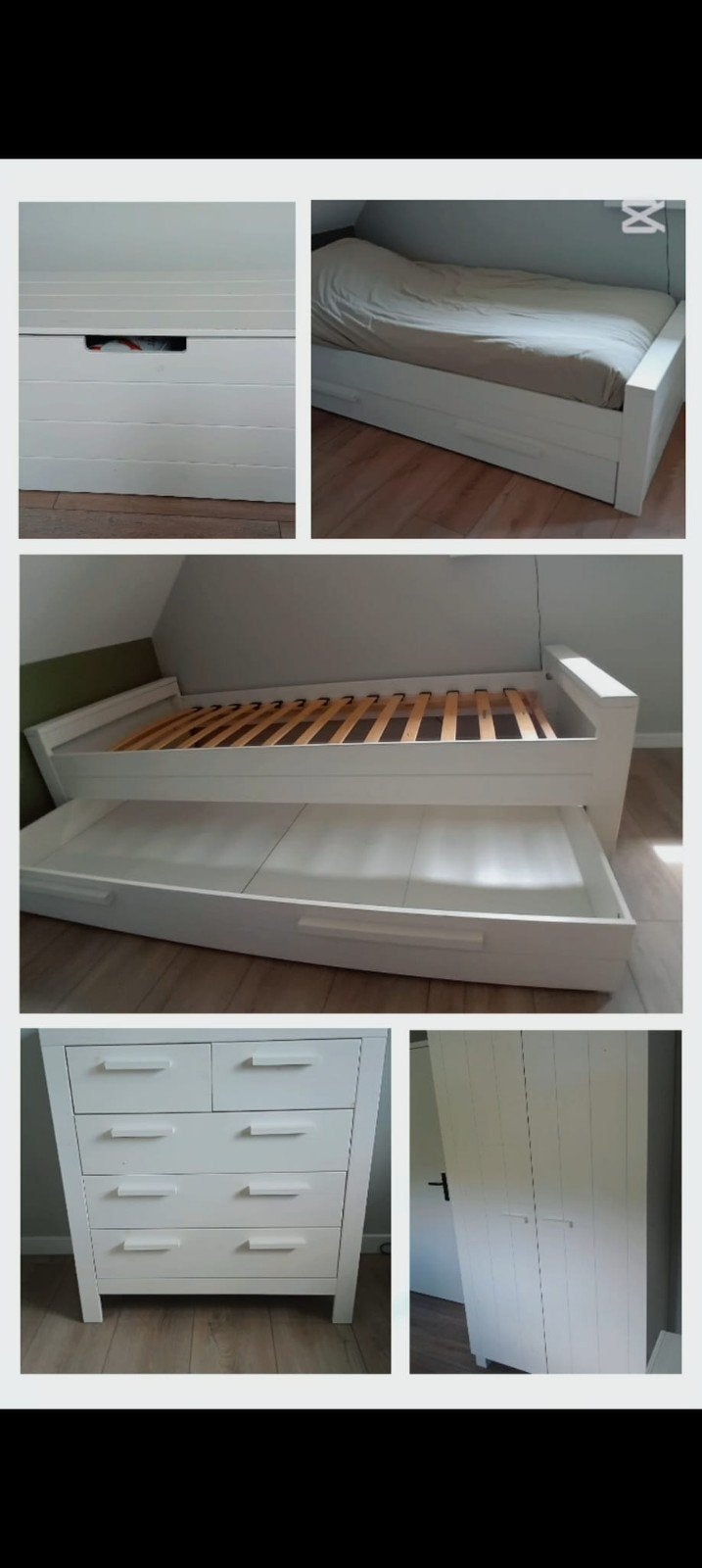Complete slaapkamer: bed, ladekast, kledingkast, opbergkist, Ophalen, Gebruikt, 90 cm, Wit