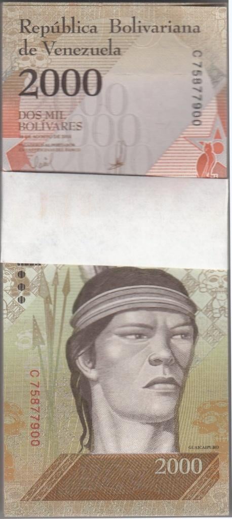 Venezuela bankbiljet 2000 Bolivares 2016 in bundel van 100, Ophalen of Verzenden, Zuid-Amerika, Los biljet