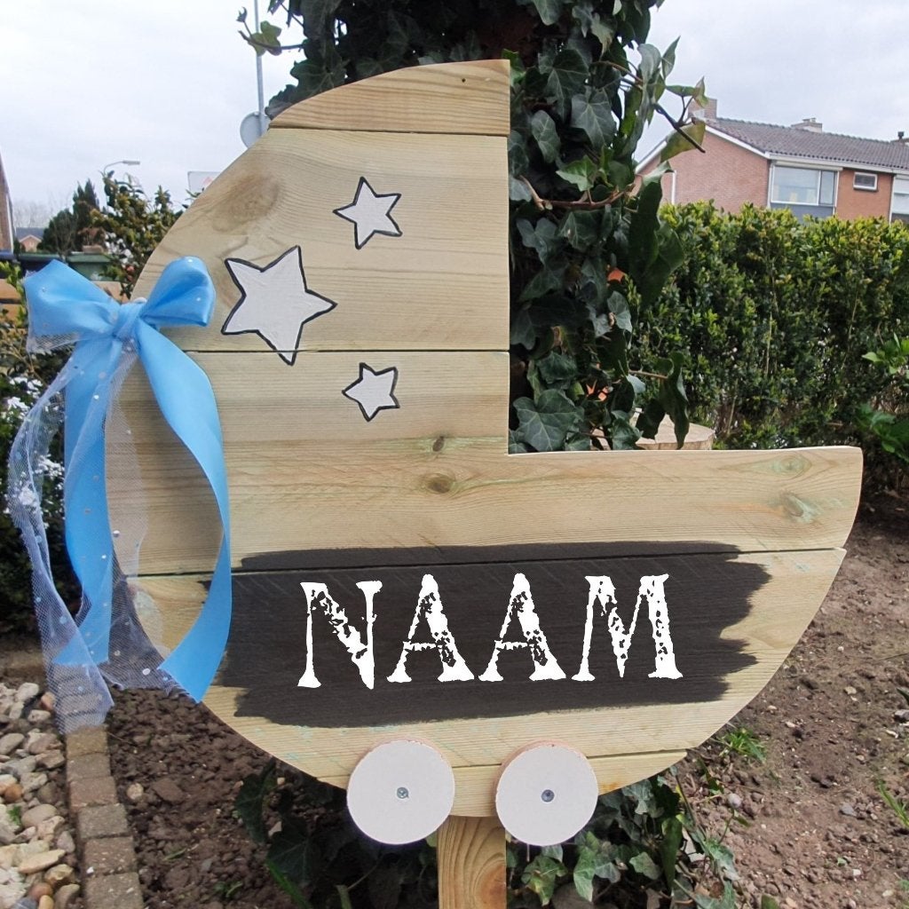 Geboortebord Kinderwagen met Blauwe strik & naambordje., Ophalen of Verzenden, Nieuw, Geboortebord
