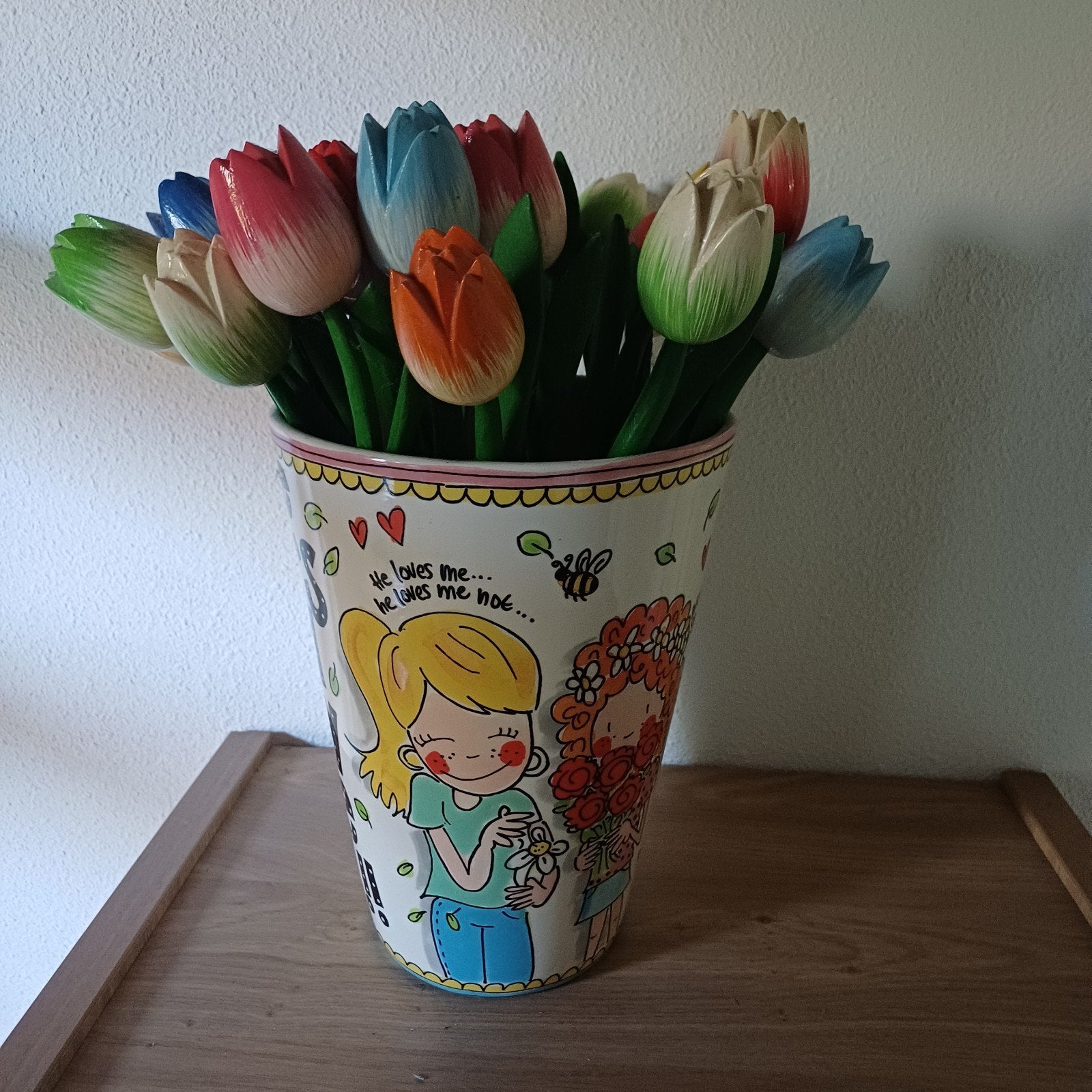 Grote Blond Amsterdam vaas met houten tulpen, Ophalen, Gebruikt, Steen/keramiek