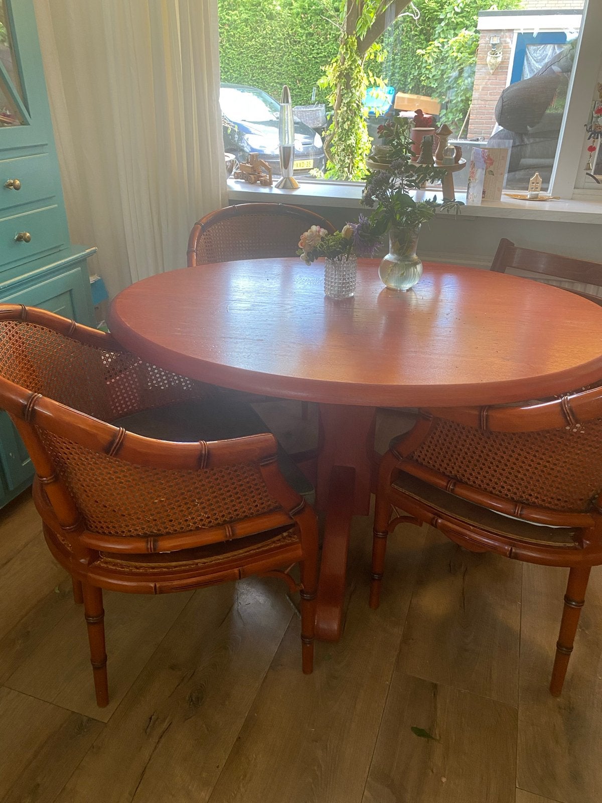 Gratis af te halen Stevige tafel en stoelen van Eijerkamp, Huis en Inrichting, Ophalen, Gebruikt, 100 tot 150 cm, Vier personen