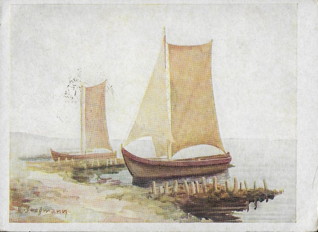 Tk56 ansichtkaart mondschilder a e stegmann vissersboten, Ophalen of Verzenden, 1960 tot 1980, Gelopen, Overige thema's