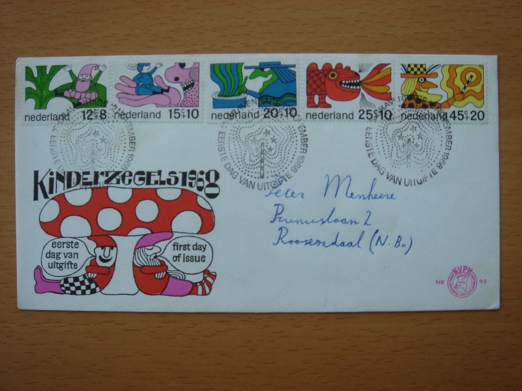 NVPH E93 1e Dag-enveloppe Kinderzegels 1968–Sprookjesfiguren, Ophalen of Verzenden, Beschreven, Nederland