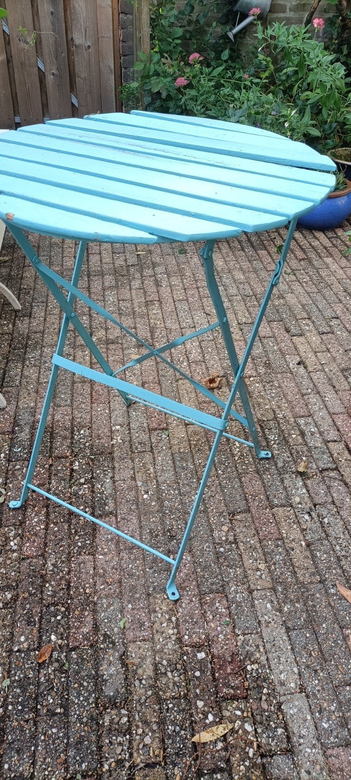 Bistrotafel. inklapbare tuintafel - turquoise., Ophalen, Gebruikt, Rond, Hout