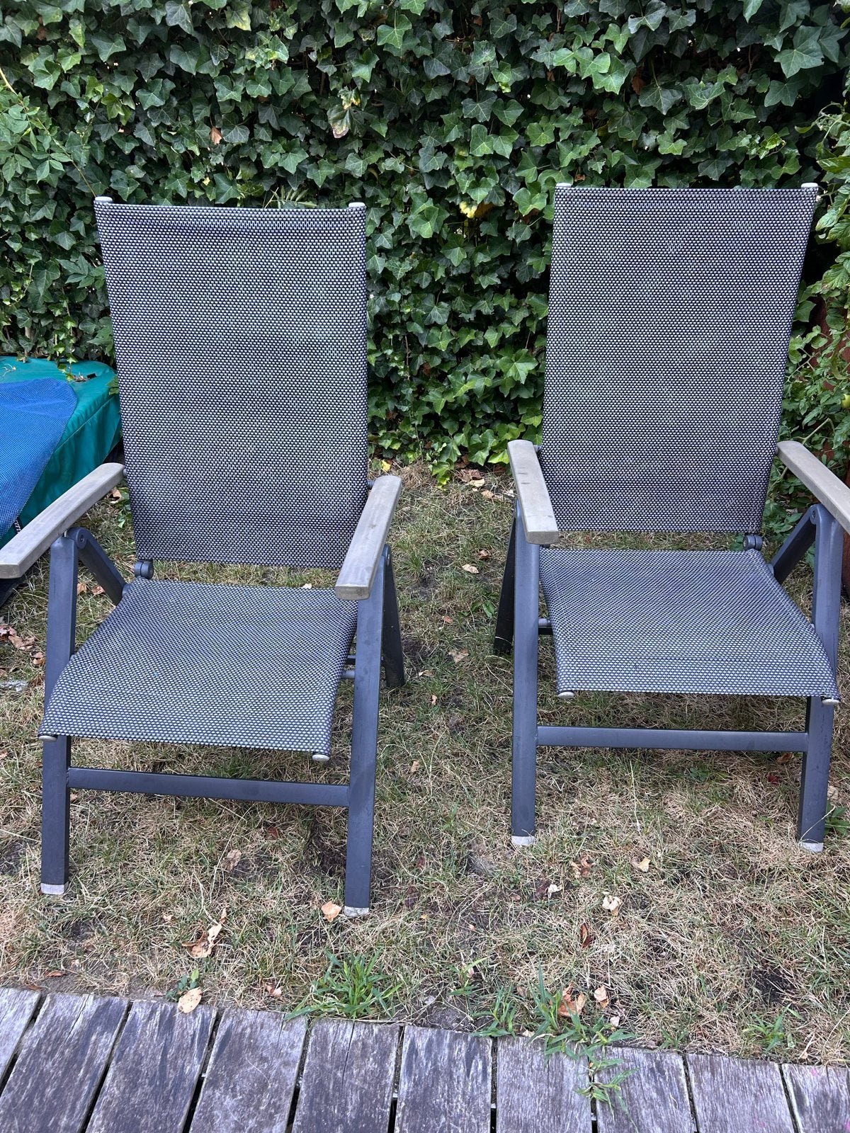 2 verstelbare tuinstoelen, grijs, aluminium en textileen, Tuin en Terras, Ophalen, Gebruikt, Aluminium, Verstelbaar
