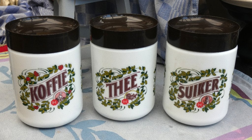 theepot/ suikerpot/ koffiepot/ opalineglas/ Douwe Egberts, Antiek en Kunst, Ophalen of Verzenden
