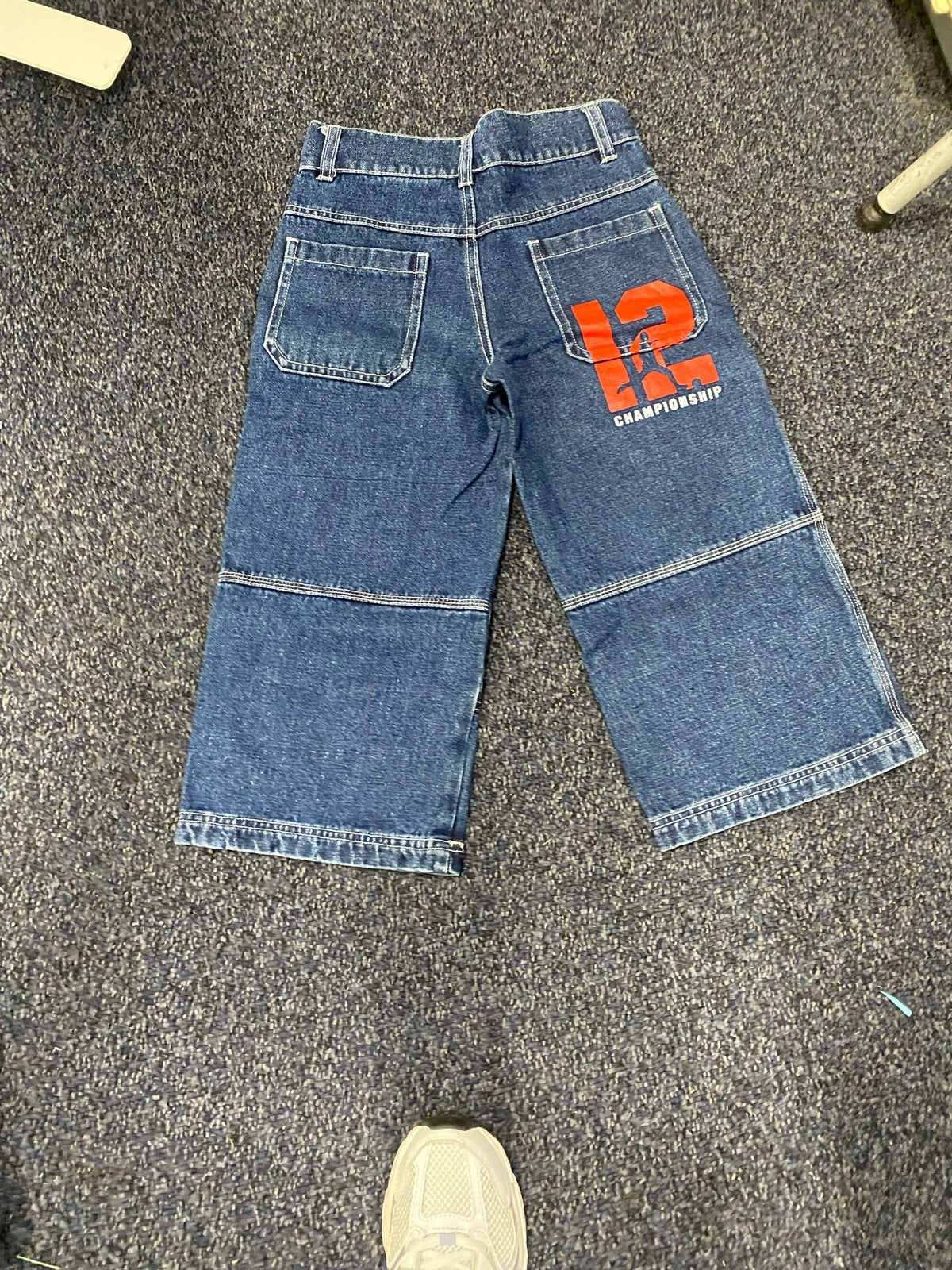 Blauwe jeans met wijde pijpen en print, Ophalen, Gedragen, Blauw, Overige jeansmaten