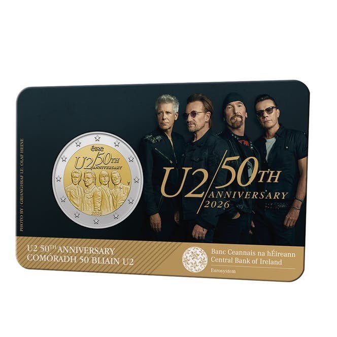 U2 50th Anniversary 2 euro Ierland 2026 in coincard, Postzegels en Munten, Ophalen of Verzenden, Ierland, Overige waardes, Losse munt