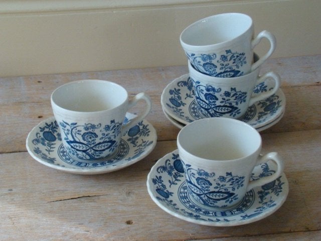 4x Kop-en-schotel Engels blauw, Wedgwood BLUE HERITAGE, gaaf