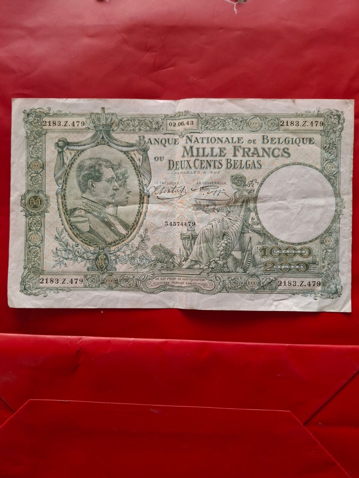 Belgisch biljet 1000 frank / 200 Belga uit 1943, Ophalen of Verzenden