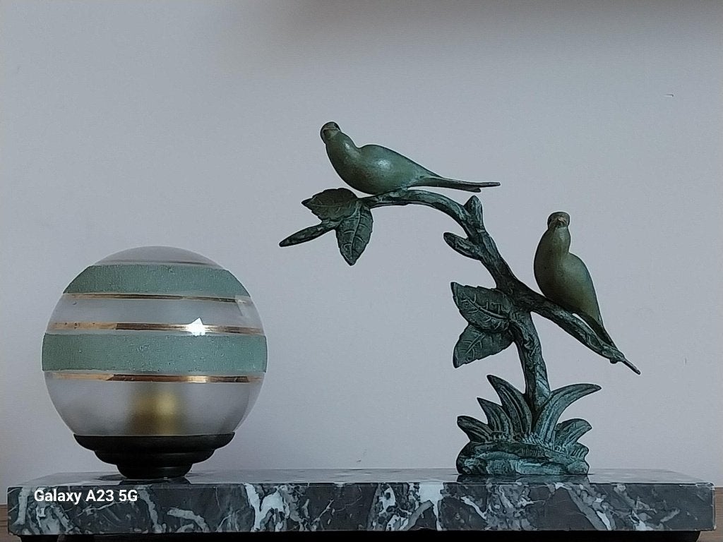 Art Deco lamp vogels op marmer zamak jaren 30, Ophalen of Verzenden