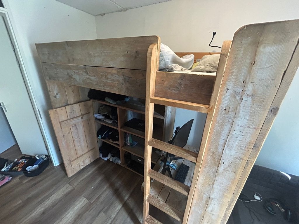 Hoogslaper Steigerhout 90x200 met Kast en Bureau, Ophalen, Gebruikt, Hoogslaper
