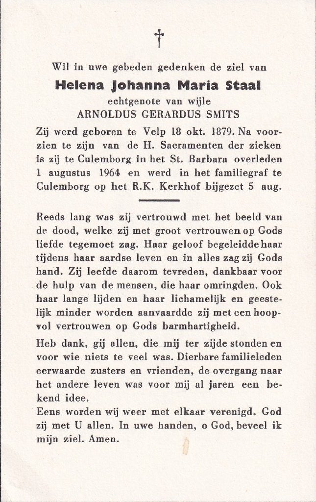 Staal Helena 1879 Velp 1964 Culemborg, Verzamelen, Ophalen of Verzenden, Bidprentje