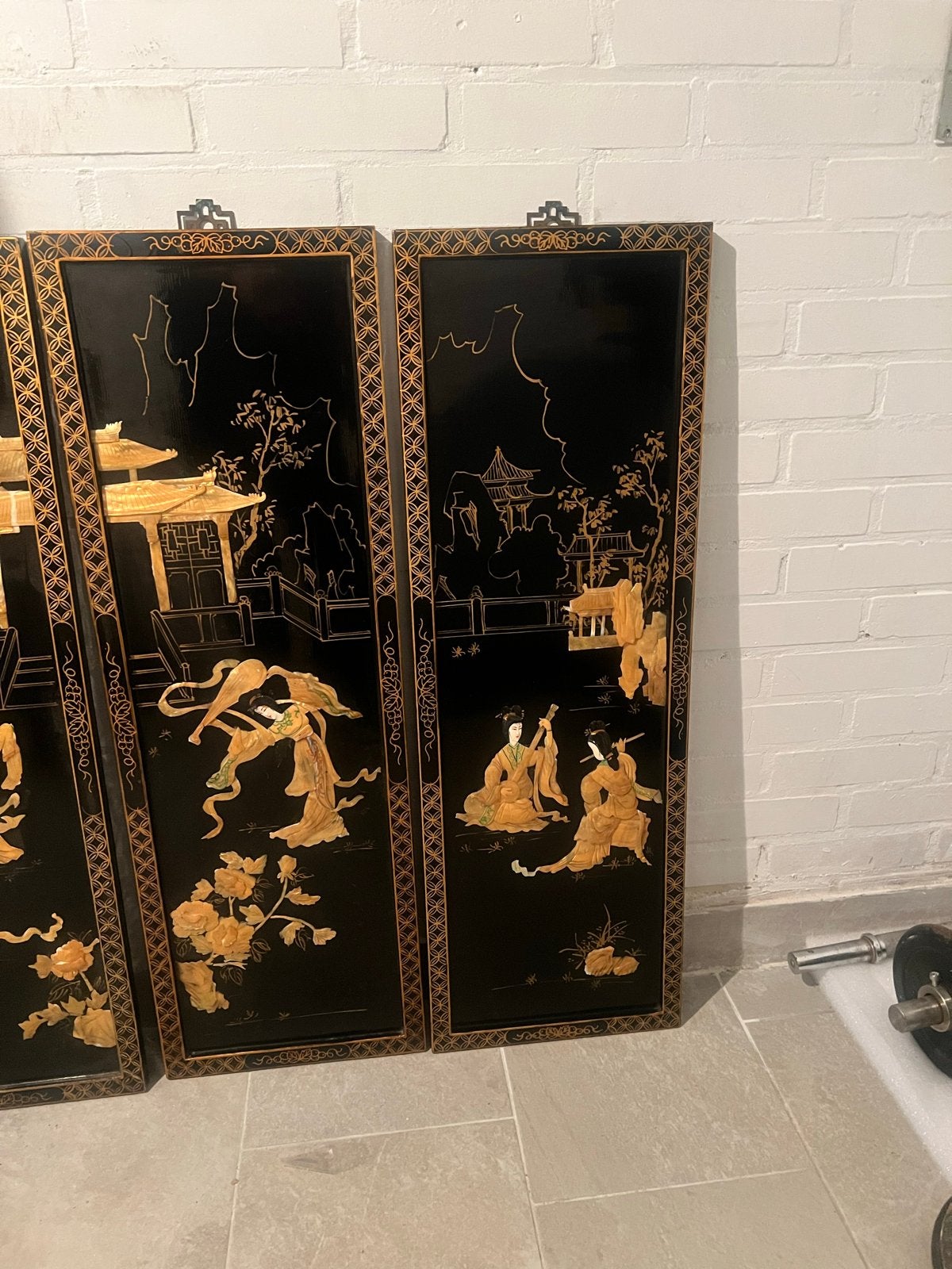 Set van 4 Chinese lakpanelen met parelmoer inleg, Ophalen of Verzenden