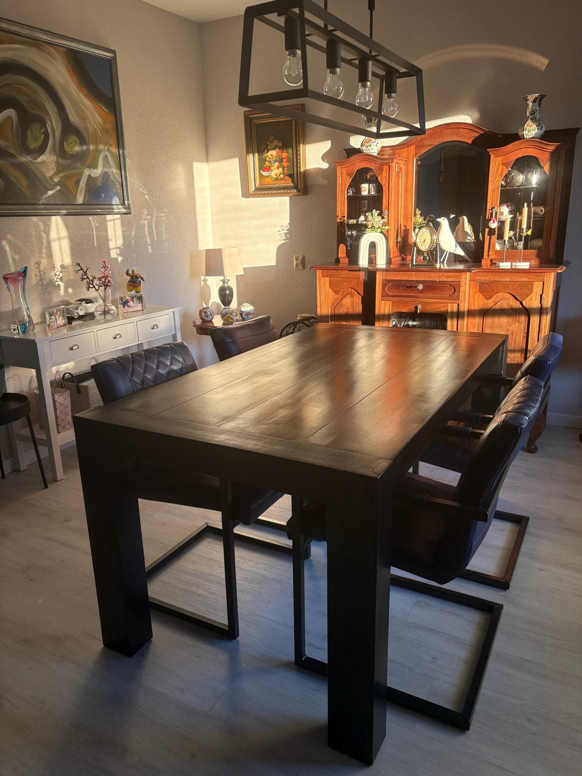 Langwerpige donkerbruine massief houten eettafel, Ophalen, Gebruikt, 50 tot 100 cm, 150 tot 200 cm