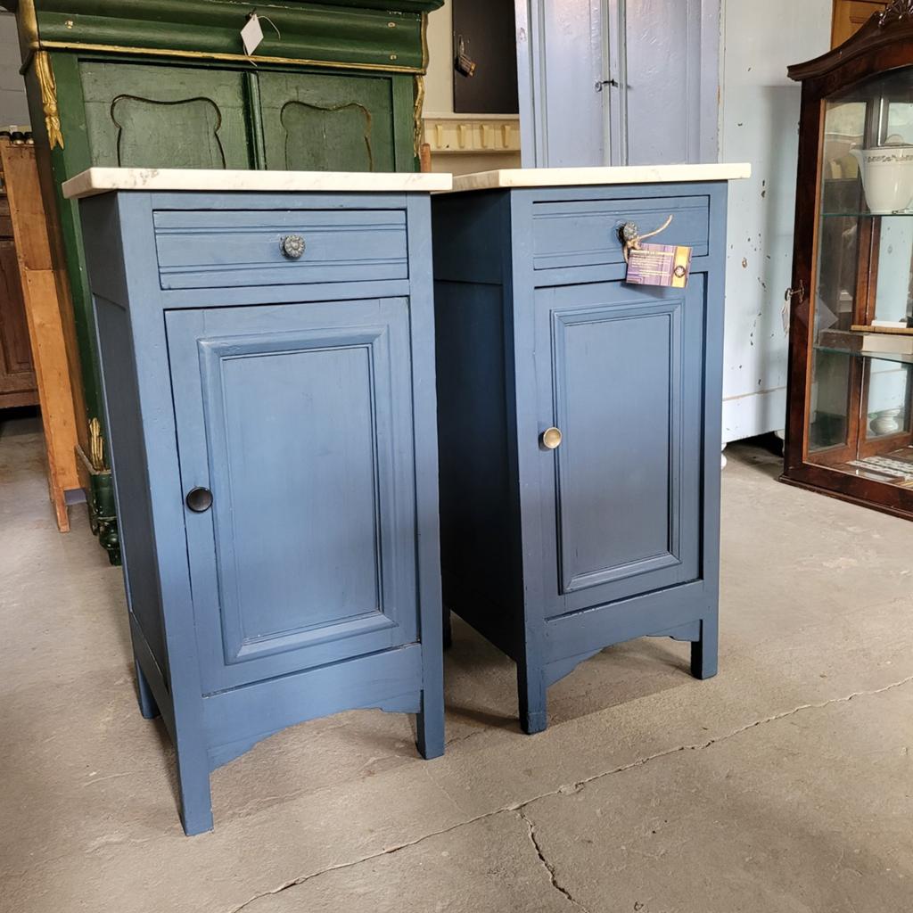 2 Brocante vintage blauwe nachtkastjes met marmeren blad, Ophalen, Gebruikt, Rian.verbeet@gmail.com, 70 cm of meer