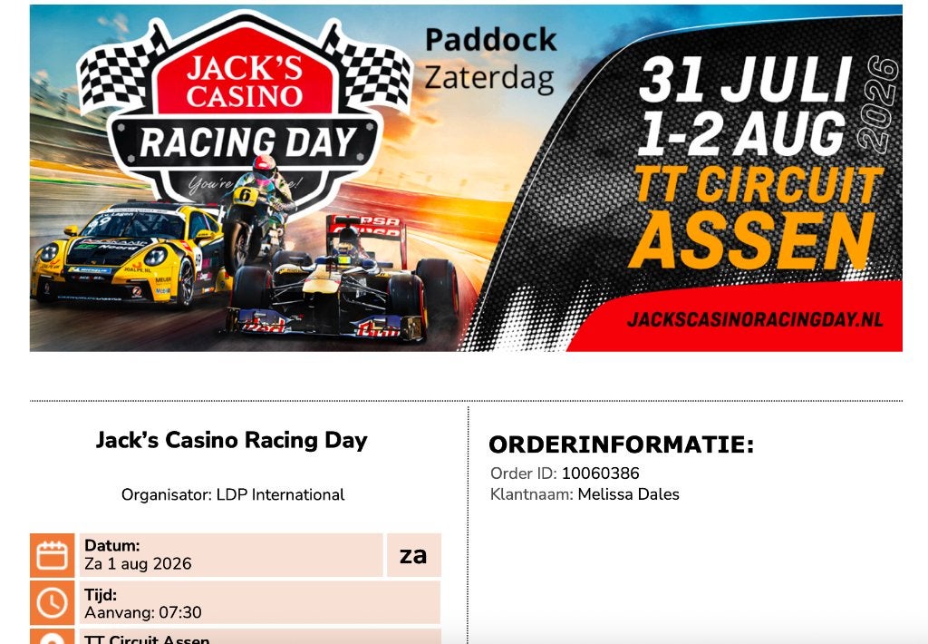 Jack's Racing days Paddock, parkeerkaart&Helicoptervlucht, Tickets en Kaartjes, Twee personen, Augustus