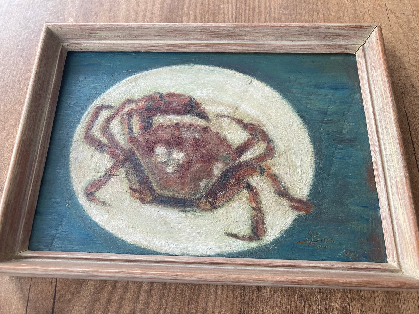 Schilderij Krab op bord gesigneerd 1955 van Louw Paneeltje, Ophalen