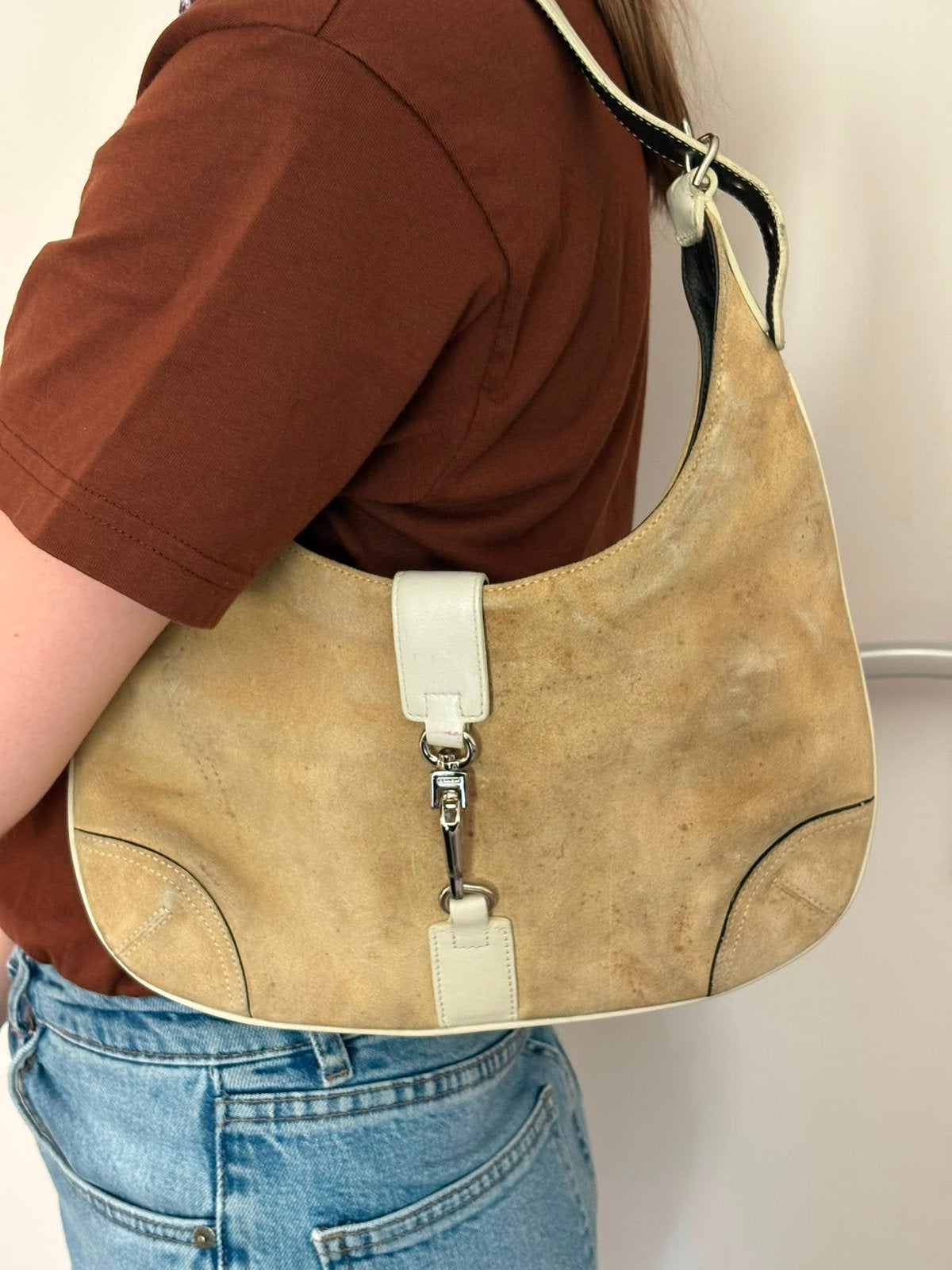 Suede Coach Tas, Verzenden, Zo goed als nieuw, Schoudertasje