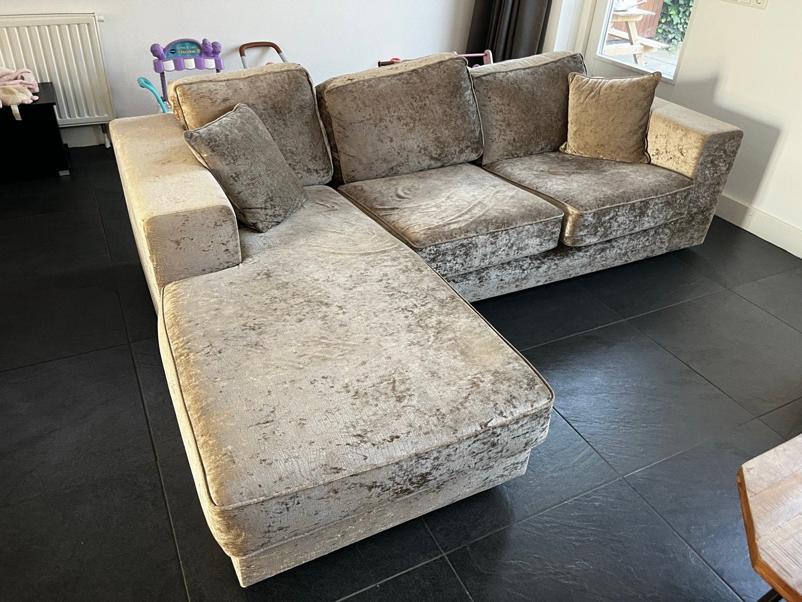 Bankstel + fauteuil te koop - croc stof, Ophalen, Gebruikt, 100 tot 125 cm, Hoekbank