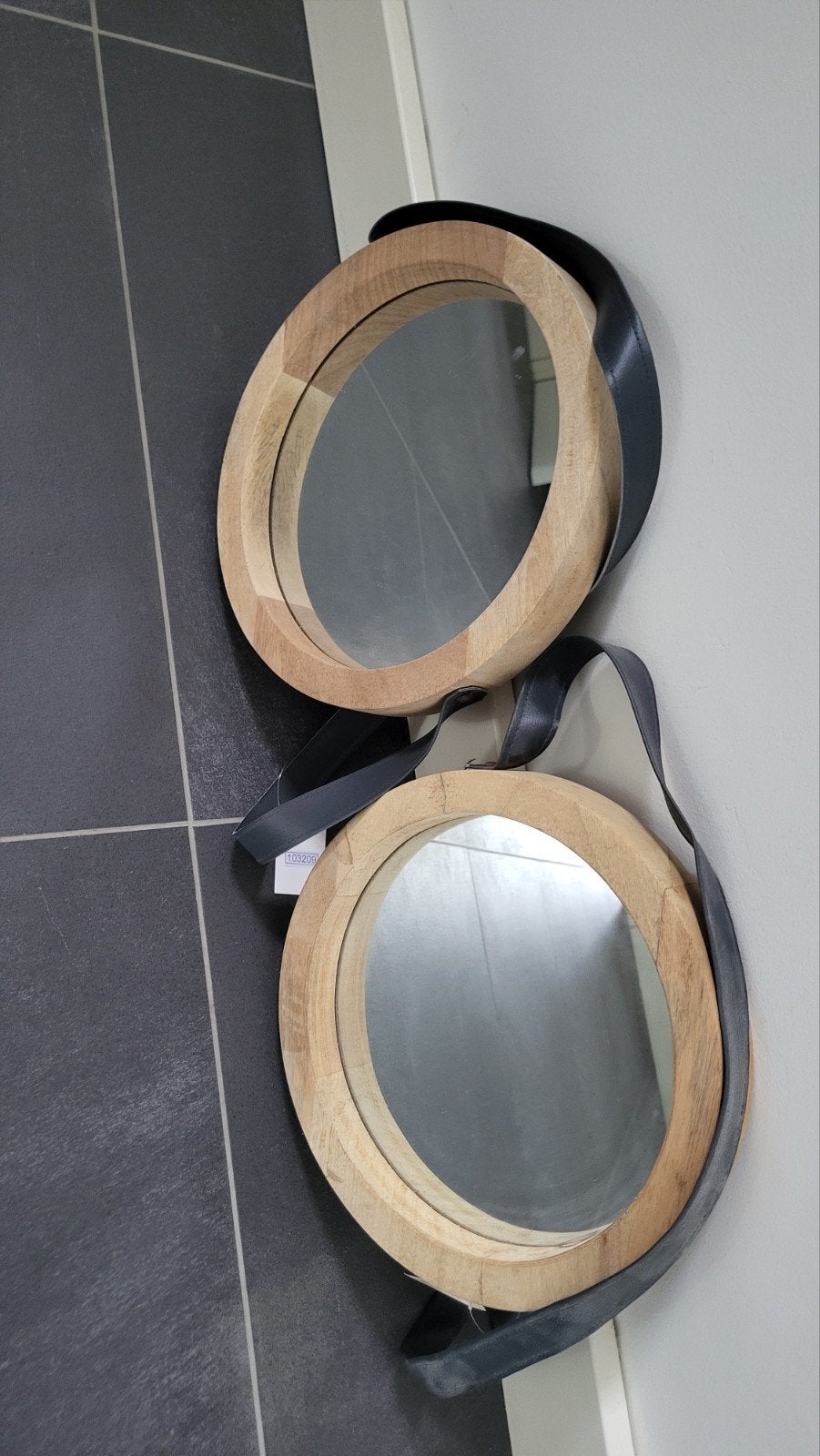 2 Ronde houten spiegels met leren band - 30 cm, Huis en Inrichting, Woonaccessoires | Spiegels, Minder dan 50 cm, Rond, Nieuw