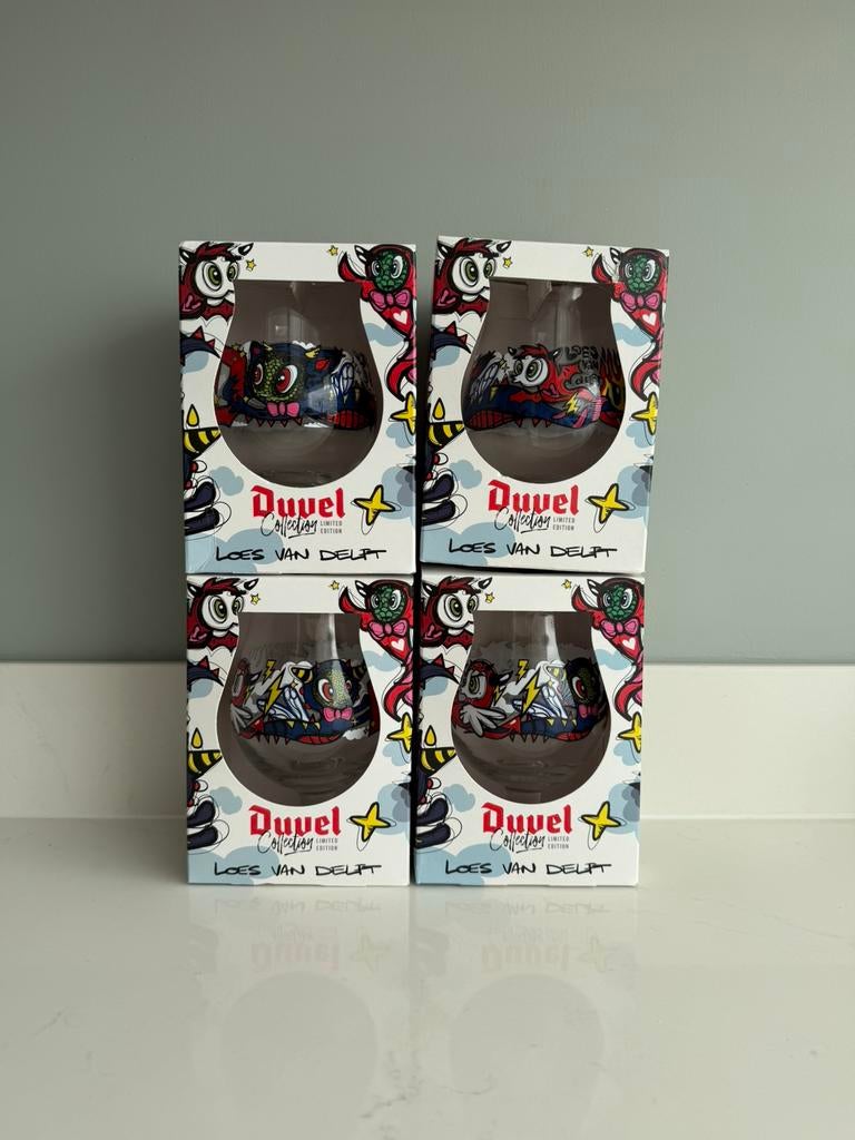 4x Limited edition bierglas Duvel - Loes van Delft, Ophalen, Nieuw, Glas of Glazen, Duvel
