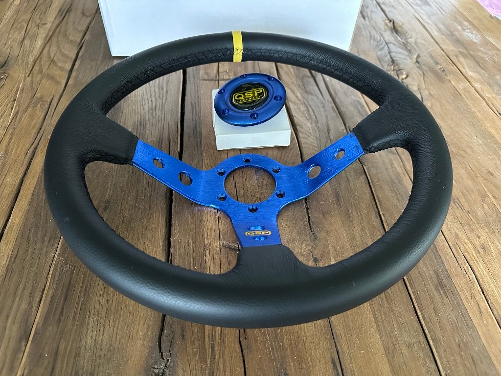 QSP 350mm 90mm leder blauw sportstuur autostuur stuur, Ophalen of Verzenden