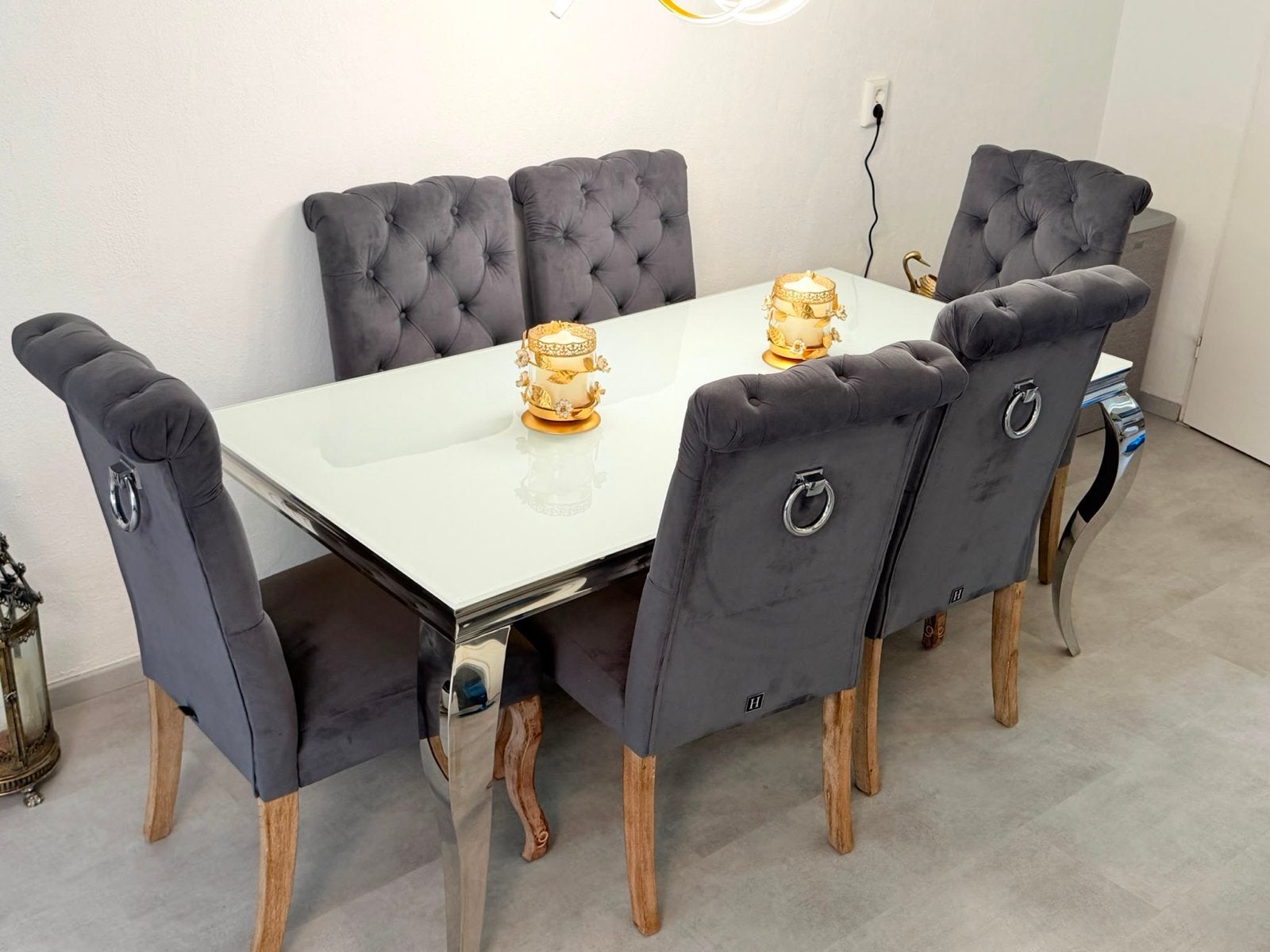 eettafel met 6 fluwelen stoelen, Ophalen, 50 tot 100 cm, Vijf personen of meer, 150 tot 200 cm