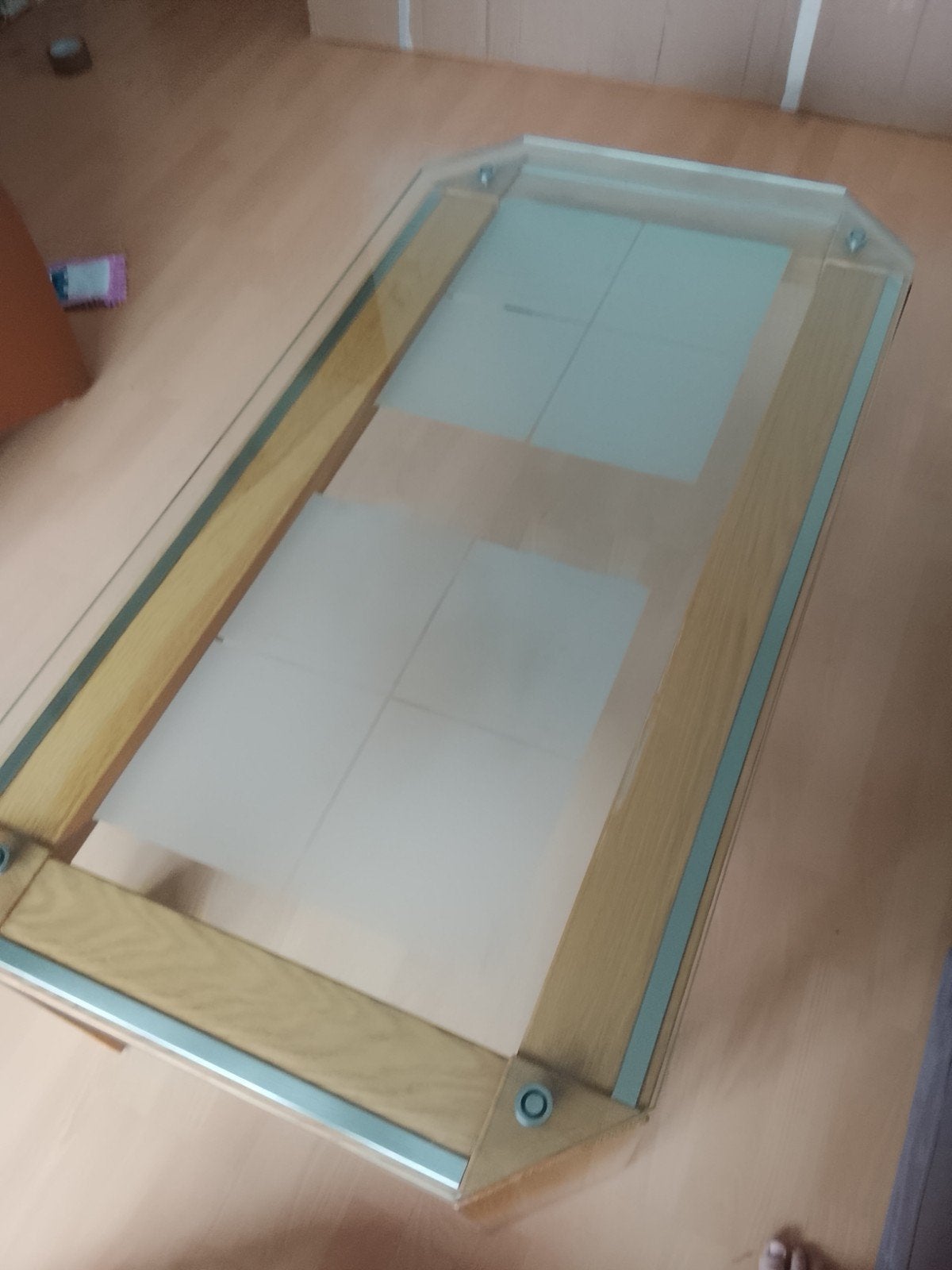 Glazen salontafelvandaag ophalen bieden met houten en metale, Ophalen, Gebruikt, 100 tot 150 cm, 50 tot 100 cm