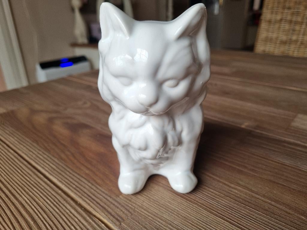 Mooie Vintage Bloem Planten Pot Model Kat Poes Wit Porselein, Tuin en Terras, Bloempotten, Gebruikt, Verzenden, Rond, Balkon