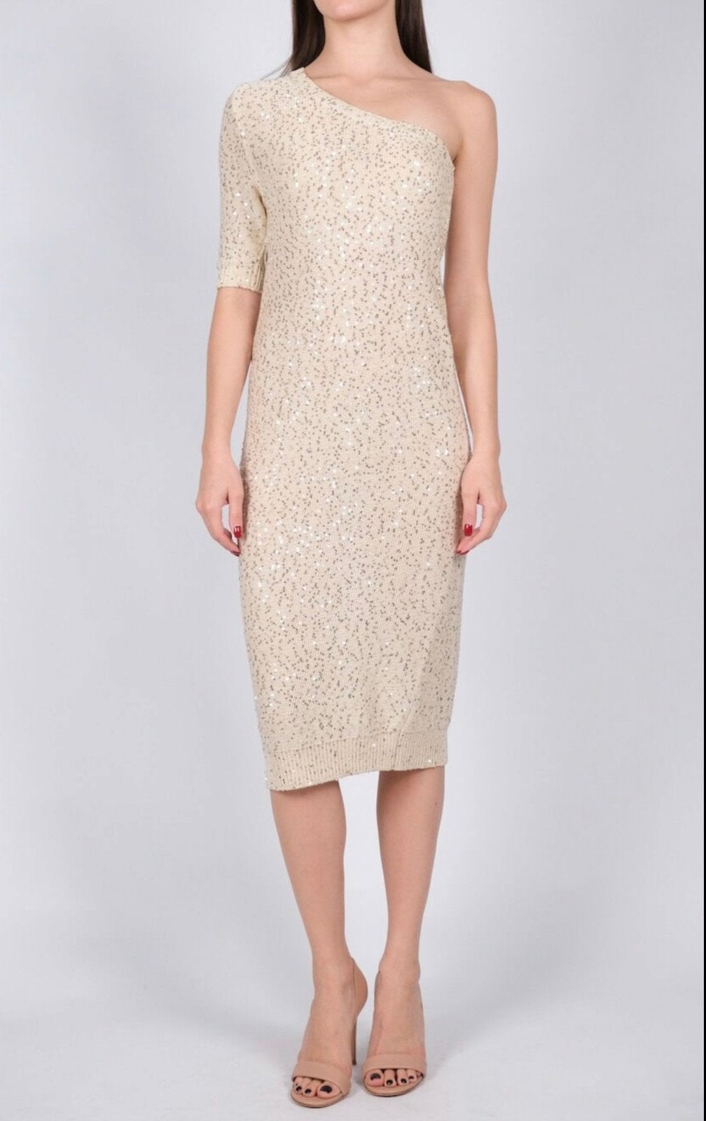 STELLA MCCARTNEY Knit Sequins Cotton Beige Dress Gown IT40/S, Beige, Ophalen of Verzenden, Zo goed als nieuw, Knielengte