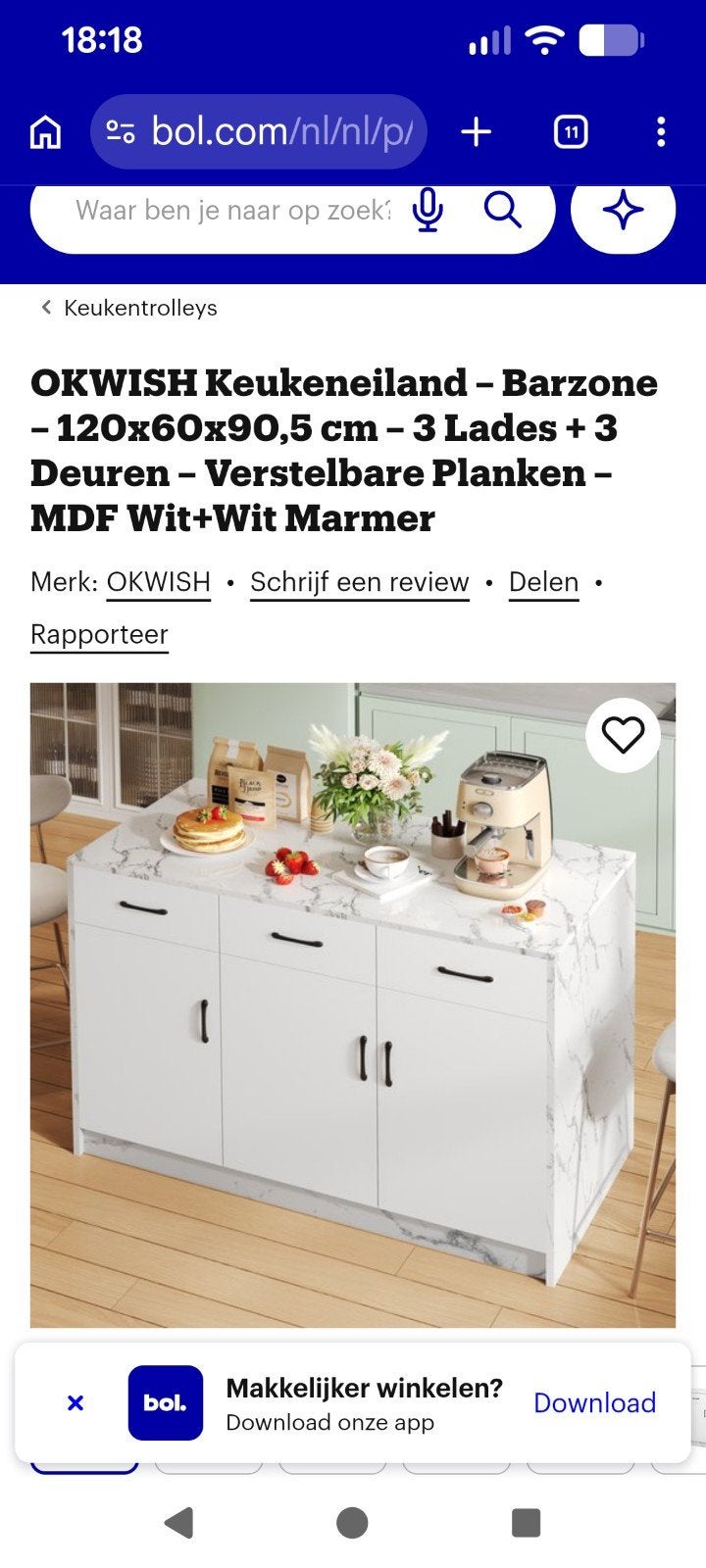 Keukeneiland Barzone - Wit Marmer Look, 100 tot 150 cm, Wit, Nieuw, Ophalen of Verzenden