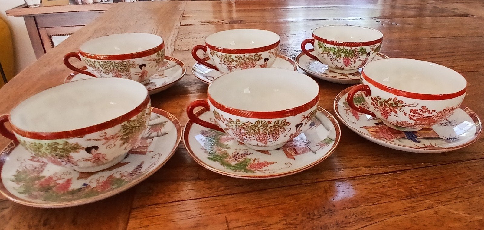 Antieke Japanse Satsuma theekopjes met schotels (6 stuks), Ophalen of Verzenden