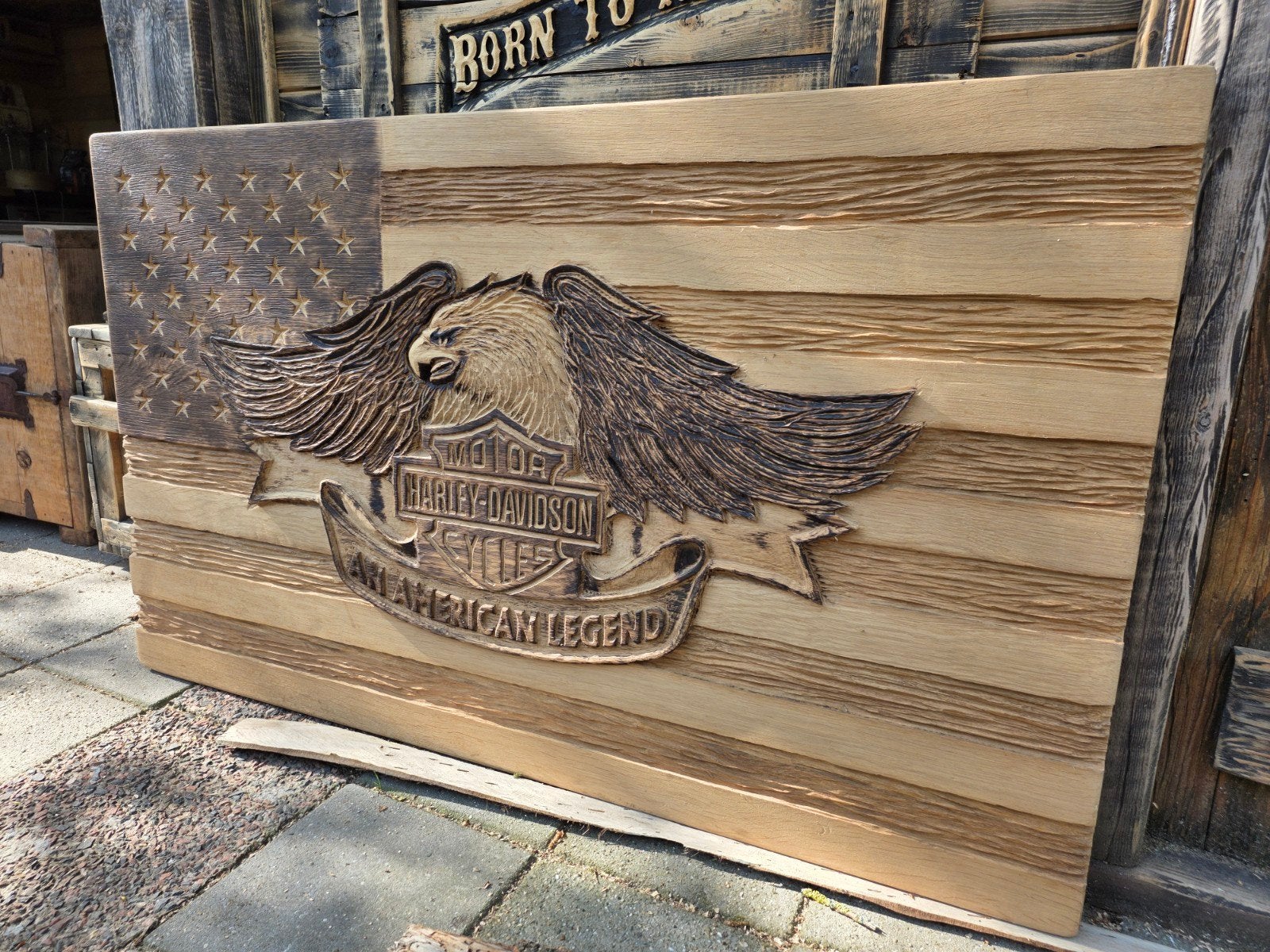 Harley Davidson reclamebord 140 cm mancave bar emaille, Ophalen, Gebruikt, Reclamebord