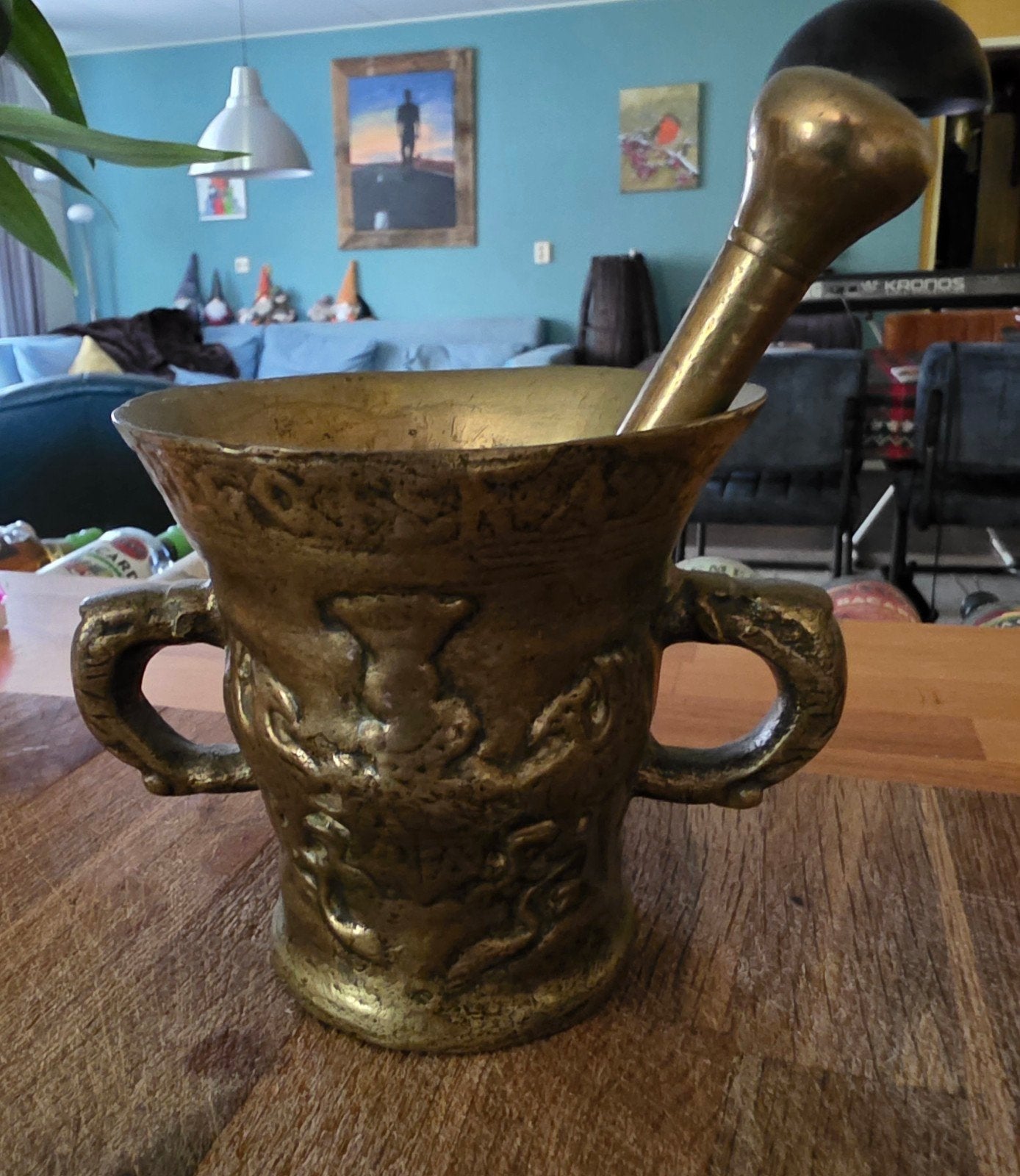 Antieke bronzen vijzel met stamper - 11x14cm, Ophalen of Verzenden, Brons