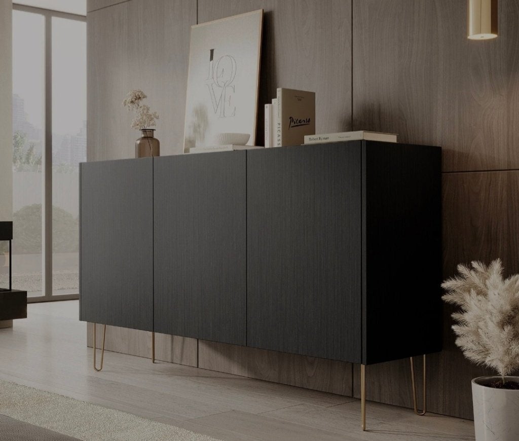 Dressoir zwart 144 cm, Ophalen, Met deur(en), 100 tot 150 cm, Eikenhout