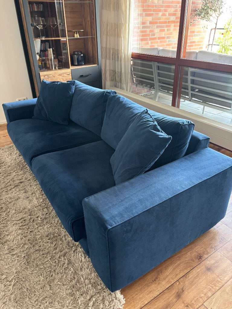 Nette donkerblauwe velvet 3-zits bank, Ophalen, Driepersoons, 75 tot 100 cm, Zo goed als nieuw