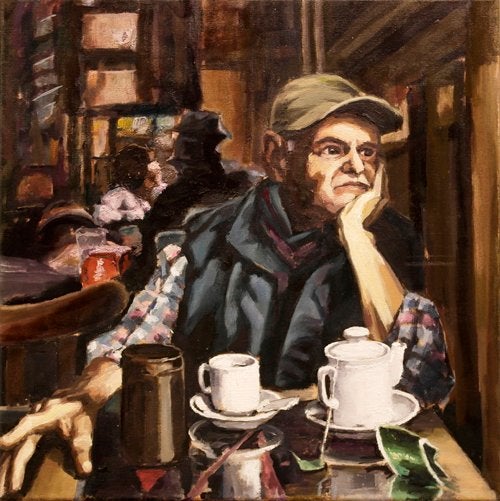 Schilderij van Rimke Stolk - Man in café, Figuren, Handgeschilderd, Ophalen of Verzenden, Olieverf