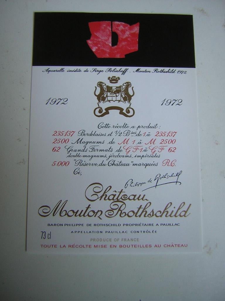 Origineel Chateau Mouton Rothschild Wijn Etiket 1972, Frankrijk, Nieuw, Ophalen of Verzenden, Rode wijn