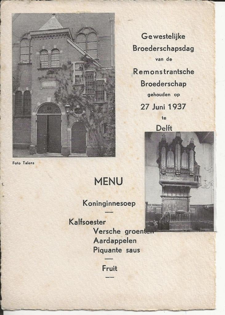 Delft Menukaart Remonstrandsche Broederschap 24juli 1937, Verzamelen, Ophalen of Verzenden, Voor 1920, Ongelopen, Zuid-Holland