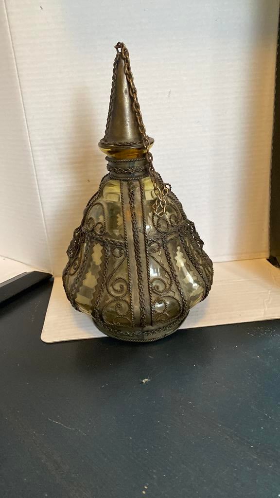 Oosterse gele fles omwonden met metaal, Antiek en Kunst, Antiek | Koper en Brons, Ophalen of Verzenden