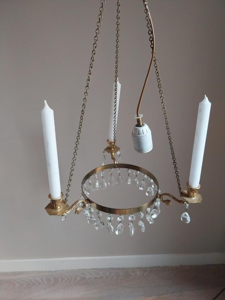 Zweedse kroonluchter/kandelaar, Huis en Inrichting, Lampen | Kroonluchters, Gebruikt, Glas, Metaal, Ophalen of Verzenden