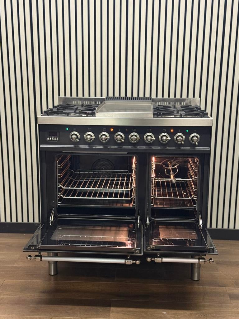 Luxe Boretti Fornuis antraciet/chroom 5 pits Frytop 90 cm, Witgoed en Apparatuur, Fornuizen, Fornello Esperta, Fornello Esperta