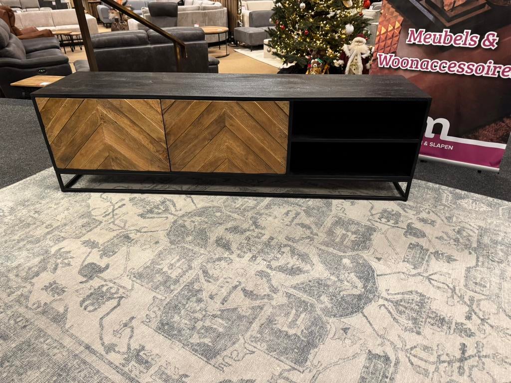 Tv-Meubel visgraad Mangohout Naturel/Zwart Direct/Leverbaar, #Tv-Meubel#Mangohout#180#Metaal#Gepoedercoat, 150 tot 200 cm, Nieuw